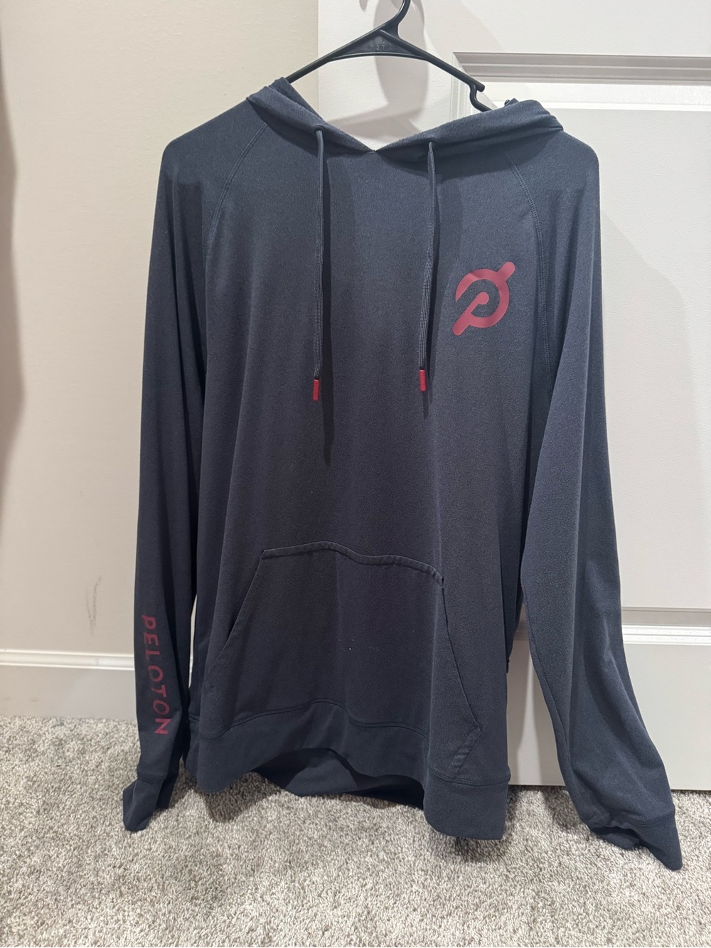 Peloton Black Hoodie with Maroon Logo Accents